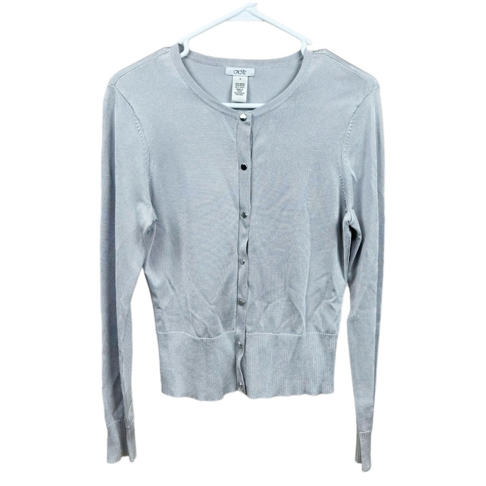 Cache Vintage Y2K Silver Gray Rayon Nylon Ribbed Snap Front Cardigan Sweater